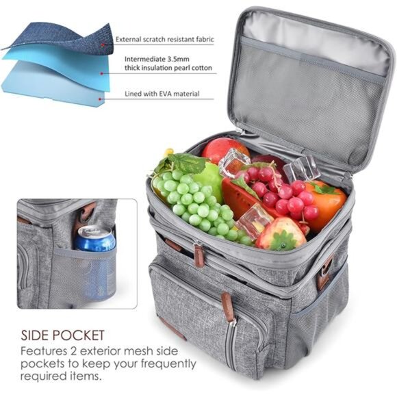 Lunch Bag for Women Men Double Deck Lunch Box - Leakproof Insulated Soft Large - Picture 4 of 7